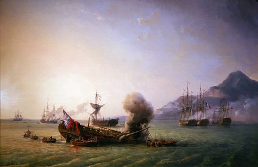 Le Combat de Grand Port by Pierre Julien Gilbert. Visible from left to right: HMS Iphigenia (seen striking her colours), HMS Magicienne and HMS Sirius being set on fire by their crews, HMS Nereide surrendering, French frigate Bellone, French frigate Minerve, Victor (in the background) and Ceylon. Many of the details shown in the painting did not happen simultaneously, but were spread over several days.