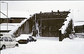 Nelson Handball court in the Winter of 1990. The court is situated in the village centre, and has been part of the village fabric for many, many decades.