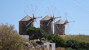 Typical Greek windmills found all around the Aegean, Patmos.