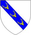 Arms of Stanley: Argent, on a bend azure three buck's heads cabossed or