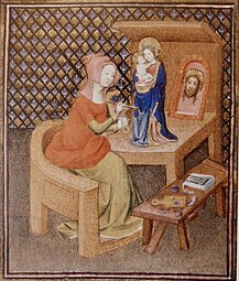 Gothic - Irene, daughter of Cratin, painting a sculpture of the Virgin Mary, France, 1401-1402. Detail from Giovanni Bocaccio's De Claris mulieribus (Concerning famous women), 1403 edition, Bibliothèque nationale de France, Paris