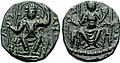 A bronze coin of Vasudeva II enthroned. Circa CE 290-310