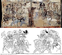 Armoured men on horses and elephants, in the rear corridor, War of the Relics scene (details)