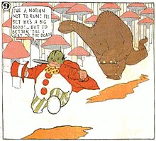 A color panel from a comic strip. A green-faced character in a colorful suit and top hat runs toward the bottom left corner from a four-legged, long-necked dinosaur which chases him. The green-faced character says: "I've a notion not to run! I'll bet he's a big boob! _But I'd better 'till I get to the beach."