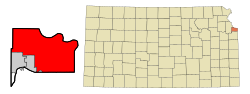 Lage von Kansas City im Wyandotte County (links) und in Kansas (rechts)