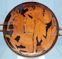 Achilles killing Penthesilea. Tondo of an Attic red-figure kylix, 470–460 BC. From Vulci