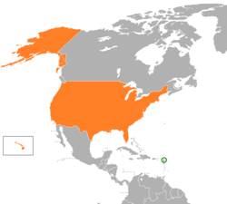Map indicating locations of Antigua and Barbuda and USA