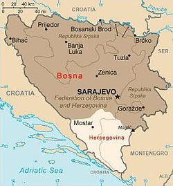 Approximate borders between two modern-day regions of Bosnia and Herzegovina - Bosnia (marked dark brown) and Herzegovina (marked light brown)