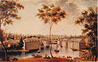 Brandywine flour mills about 1840, painted by Bass Otis. The north bank (to the right) is Brandywine Village.