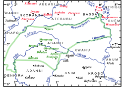 Location of Denkyira (bottom-left of map); The core area of the Ashanti Nation (green marking) and Denkyira (bottom-left of map) at the beginning of the 1890s.