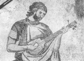 Byzantine pandura, 6th-century AD depiction on mosaic in the Great Palace in Constantinople.[42] The instrument has three strings and is being played with a plectrum.