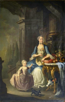 A young woman in a simple white dress with a light blue coat is sitting next to a gilded table with fruits on it. Her hair is powdered white with black lace braided into it. A toddler in a light pink dress is running near her, with a small black dog and a white parrot.