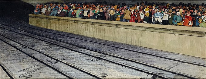 "Waiting for the Metro" (1910) (Lithograph enhanced with Guache and water colors)