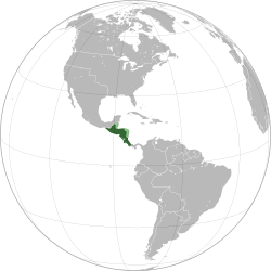 An orthographic map projection of the world (specifically the Americas) with the Federal Republic of Central America highlighted in green and its uncontrolled claimed territory of Belize highlighted in light green