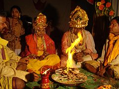 Fire rituals at a Hindu wedding, India