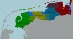 Rough outline of the four counties of Frisia east of the Vlie