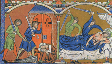 Illustration from the Morgan Bible depicting the death of Ish-bosheth.