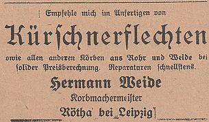 „Kürschnerflechten“, Korbflechten im Pelzgewerbe (Anzeige 1921, Foto 2009)