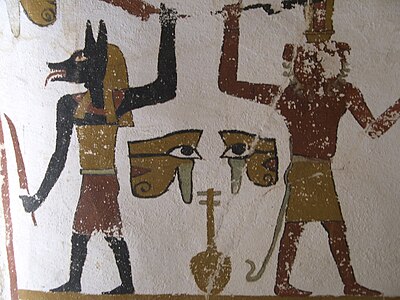 Jackal and lion-headed guardian deities with swords, from the Tomb of Sadosiris (El Muzawaka, Dakhla Oasis).