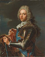 Portrait of the Duke of Broglie (1671–1745), half-length, in armor with a velvet-lined, leopard skin mantle and the Sash of the Order of Holy Spirit, the baton of a Marshal of France in his left hand