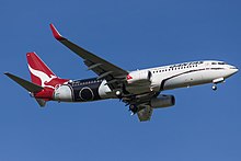 A Boeing 737-800 in 2015 wearing the Mendoowoorrji livery, Inspired by the work of the late West Australian Gija painter Paddy Bedford's 2005 painting ‘Medicine Pocket’. The aircraft has carried the colour scheme since 2013.