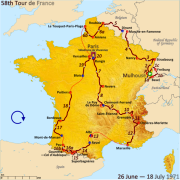 Map of France showing the path of the race starting in Mulhouse, moving through Switzerland, West Germany and Belgium, before a clockwise route around France and finishing in Paris