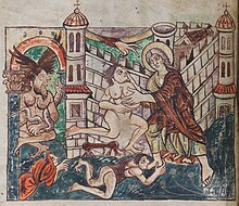 A medieval illustration depicting Jesus' descent into limbo. Jesus reaches out towards three figures emerging from the threshold of limbo. The Celtic deity Cernunnos sits behind the threshold.
