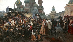 Execution of streltsy by Tsar Peter I (to the right on a horse) in Red Square, 1698 (painted 1881)