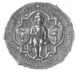 Das Siegel Herzogs Wladislaus II. von Oppeln: „Ladislaus Dei Gracia Dux Opoliensis Wieloniensis et Terre Russie Domin et Heres“, etwa 1378