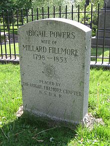 A tombstone that reads "Abigail Powers, wife of Millard fillmore, 1798–1853, placed by the Abigail Fillmore Chapter, N.S.D.A.R."