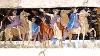 An ancient fresco of Macedonian soldiers from the tomb of Agios Athanasios, Thessaloniki, Greece, 4th century BC