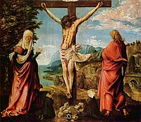 Crucifixion by Albrecht Altdorfer, circa 1514–1516, with tiny donor couple among the feet of the main figures