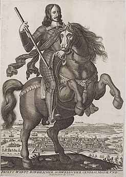Paul Würtz on horseback against panorama of Szczecin