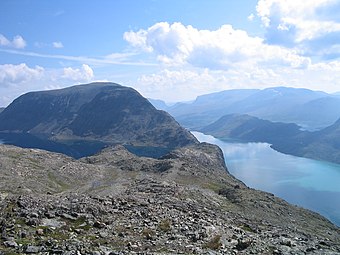 Besseggen seen from the east, with Gjende lake to the right and Bessvatnet to the left