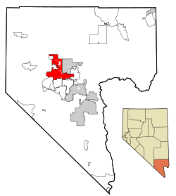 Lage von Las Vegas im Clark County (links) und in Nevada (rechts unten)