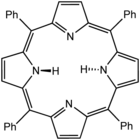 Tetraphenylporphyrin (H2TPP)is another synthetic analogue of protoporphyrin IX. Unlike the natural porphyrin ligands, TPP2− is highly symmetrical. Another difference is that its methyne centers are occupied by phenyl groups.