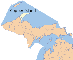 Copper Island is on Lake Superior, separated from the rest of the Keweenaw Peninsula by Portage Lake and the Keweenaw Waterway