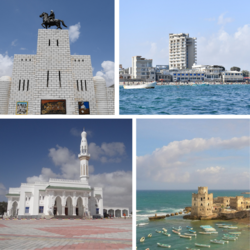 Clockwise from top: Mohammed Abdullah Hassan monument, Lido Beach, the Old Fishing Harbour, and Mosque of Islamic Solidarity.