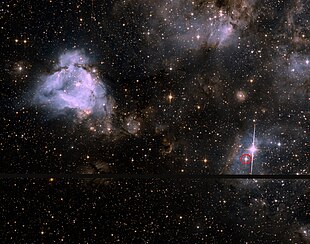NGC 2079 (l.o), aufgenommen mithilfe des Hubble-Weltraumteleskops