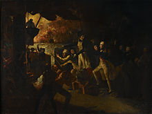 the quarterdeck of a ship, with many sailors moving about. In the centre stands a man in an officer's uniform with a bandage around his head. He is looking to the left of the picture, where in the background a large ship is on fire.