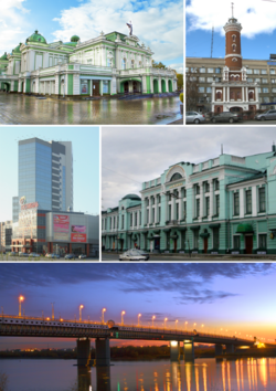 Top: Omsk State Academic Drama Theater [ru], Fire Observation Tower, (left to right) Middle: Omsk Festiwal Complex Center area, Vrubel Fine Art Museum, (left to right) Bottom: 60 years Victory Bridge (Most 60 Letiya Pobedy)