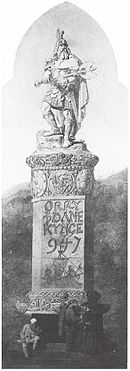 Black-and-white illustration of a stone monument depicting an axe-wielding Viking