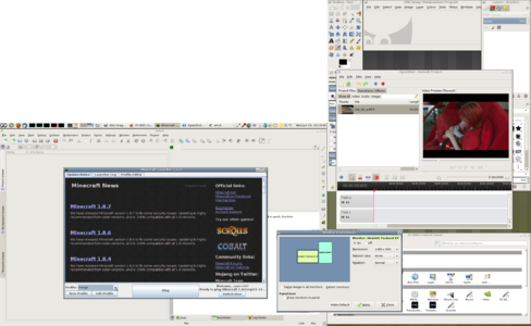 Bildschirmfoto des PC-BSD 10.1.2 Desktop, (MATE), am Beispiel einer Konfiguration mit zwei Monitoren (Dual Head, Pivot-Funktion). Die gezeigten laufende Freie Software und Open-Source-Software (FOSS) sind: GIMP, OpenShot Video Editor, Dateimanager Nautilus, Eric Python IDE und Minecraft 1.8.7 (mit "Forge" mods).