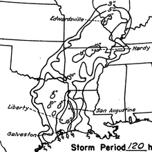 Map of rainfall totals over the Central United States from the hurricane