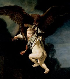 Ganymed in den Fängen des Adlers … Rembrandt dagegen auf Auftrag eines niederländischen calvinistischen Mäzens als verängstigtes, heulendes und urinierendes Kleinkind. 1635, Gemäldegalerie Alte Meister, Dresden
