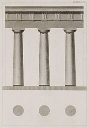 Ancient Greek Doric columns of the Temple of the Delians, Delos, Greece, fluted only at the top and bottom of the shaft, 5th century BC