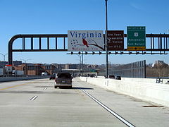 Welcome to Virginia sign on the Inner Loop over the Wilson Bridge. A short stretch of the bridge just before this sign is in DC.