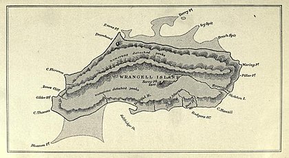 Hand-drawn map from which the island's fish-like shape is evident. Interior geographical features (mountains, rivers) are marked, together will all the named capes and deadlands around the shores.