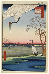 One Hundred Famous Views of Edo, 1857 Hiroshige. Until 19c there was a wintering site for the cranes in the paddy fields, which is now completely urbanized as a part of Tokyo metropolis.