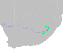 A map of Southern Africa, with the Drakensberg alti-montane grasslands and woodlands ecoregion highlighted in green